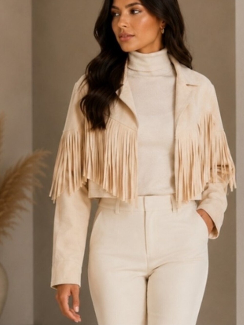 Cream Faux Suede Fringe Jacket Large NWOT Western Boho